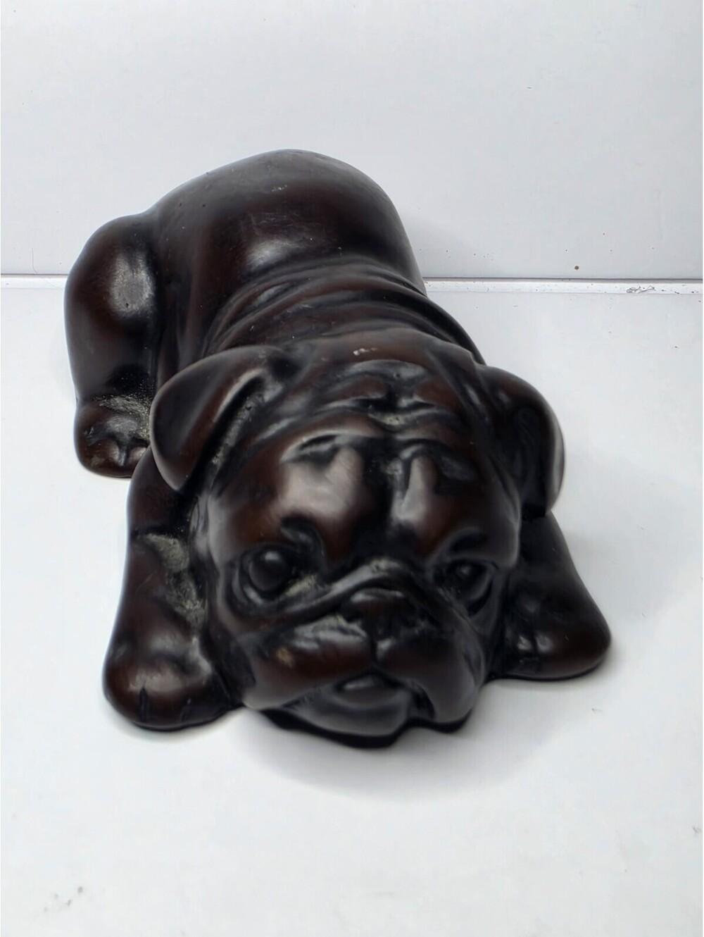 Bulldog Figurine Brown Solid Resin Old English Unmarked Unsigned 4 Inches Long.